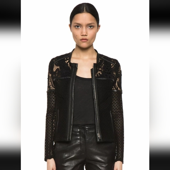 💋DESIGNER Iro Lewis💋. Black Leather and Lace Crochet Jacket Size XS Blazer - Picture 7 of 11